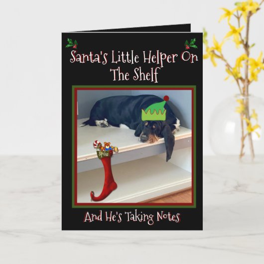 おもしろいクリスマスの「小妖精や小人」が棚に置かれている カード (黄色い花)