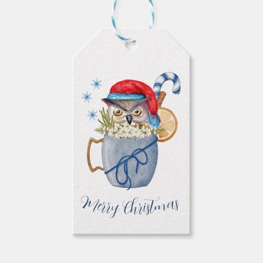 おもしろいクリスマスウォーターカラーフクロウ赤サンタハット ギフトタグ (正面)