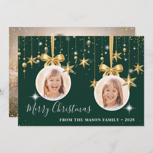 おもしろいクリスマスオーナメントフォトグリーン金ゴールド シーズンカード (正面/裏面)