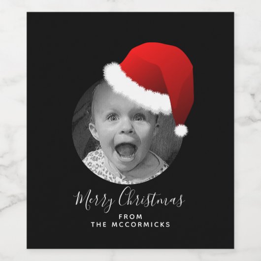 おもしろいクリスマスカスタムフォトサンタハットの家族の名前 ワインラベル (シングルラベル)