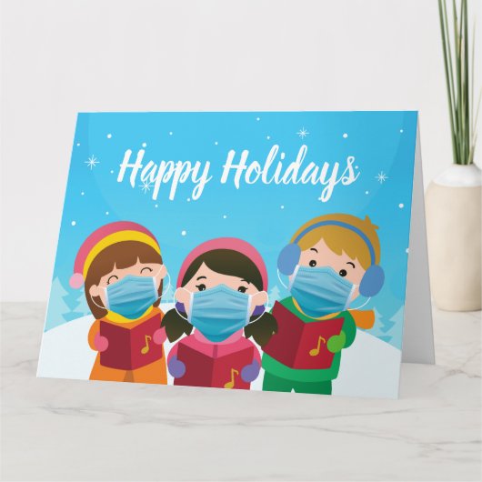 おもしろいクリスマスカロラーズイン顔マスクホリデー カード (正面)