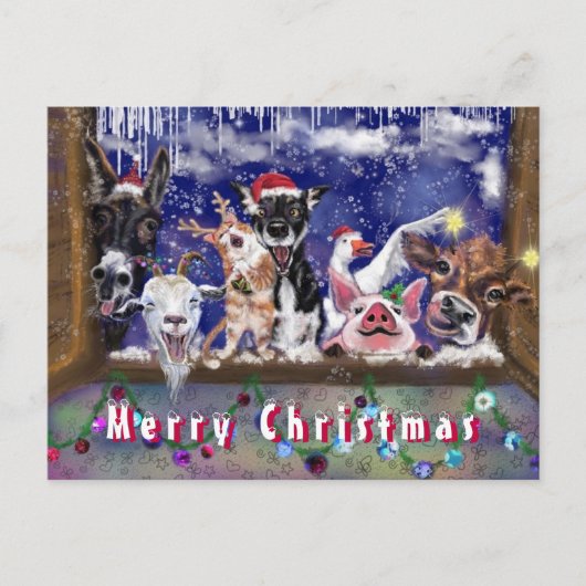 おもしろいクリスマスカードカード幸せ動物パーティー ポストカード (正面)
