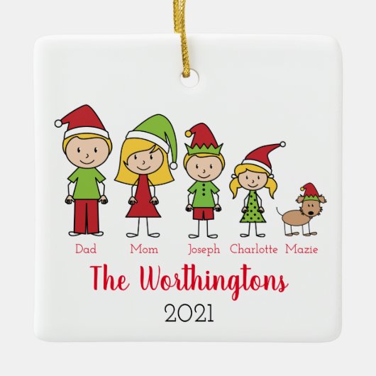 おもしろいクリスマスキャラクターパーソナライズされたファミリー セラミックオーナメント (正面)