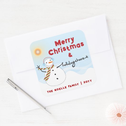 おもしろいクリスマスキュート雪だるま応援ホリデースタンプ スクエアシール (封筒)