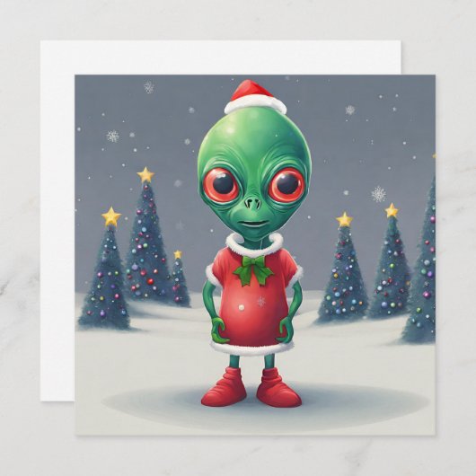 おもしろいクリスマスグリーンエイリアンとクリスマスツリー シーズンカード (正面/裏面)