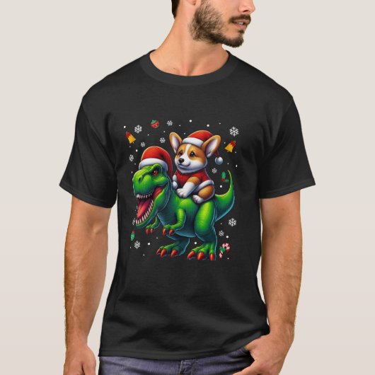 おもしろいクリスマスコルギ乗馬の恐竜サンタハットサン Tシャツ (正面)