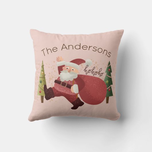 おもしろいクリスマスサンタイラストレーションファミリー名ピンク クッション (裏面)