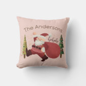 おもしろいクリスマスサンタイラストレーションファミリー名ピンク クッション (正面)