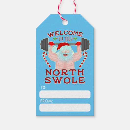 おもしろいクリスマスサンタクローススワールウエイトリフター ギフトタグ (正面)