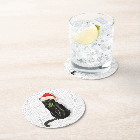 おもしろいクリスマスサンタブラックボンベイ猫 ラウンドペーパーコースター (インサイチュ)