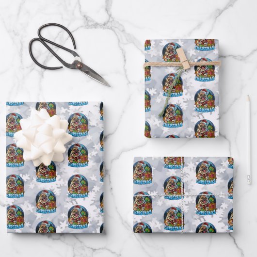 おもしろいクリスマスサンタプグスノースグローブクリスマス ラッピングペーパーシート (正面)
