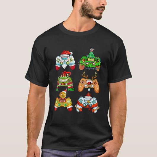 おもしろいクリスマスサンタ小妖精や小人ゲーミングコントローラーゲーマー Tシャツ (正面)