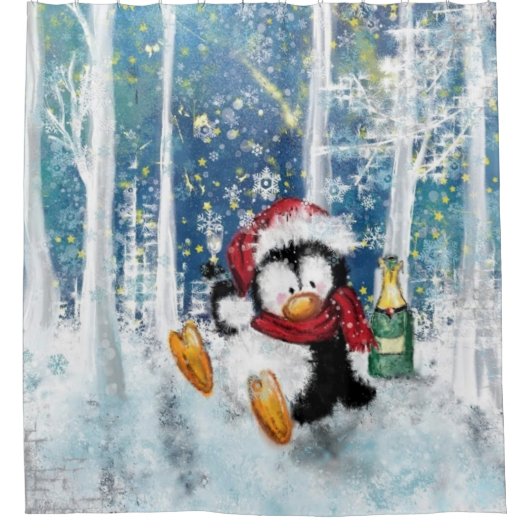 おもしろいクリスマスシャワーカーテンハッピーペンギン シャワーカーテン (正面)
