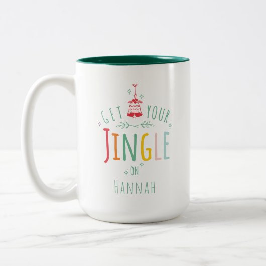 おもしろいクリスマスジンルベルズレインボー名前をカスタムする ツートーンマグカップ (左)