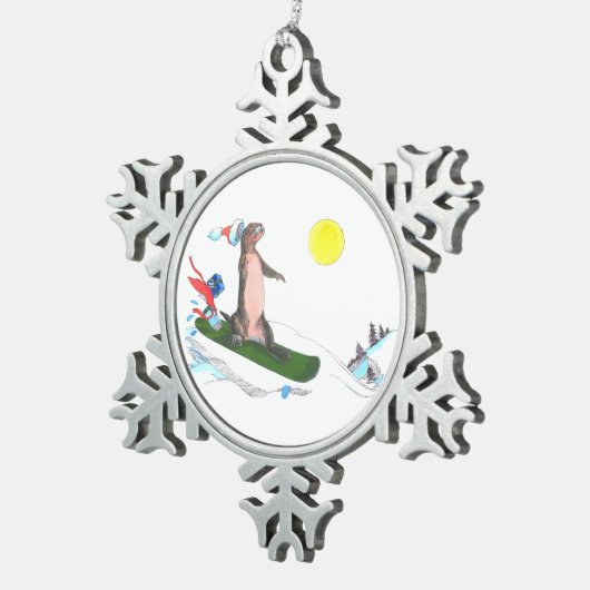 おもしろいクリスマススノーボーディングオッターホリデーデザイン スノーフレークピューターオーナメント (右)