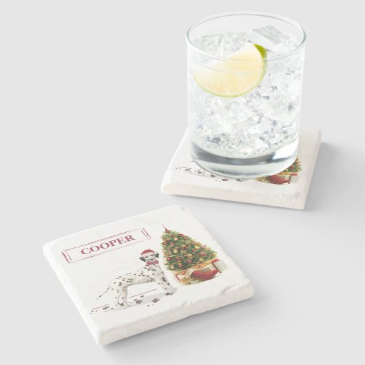 おもしろいクリスマスダルマチア犬と木 ストーンコースター (横)