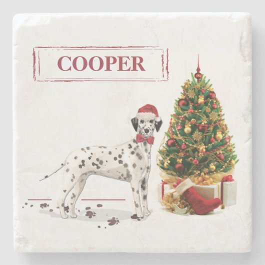 おもしろいクリスマスダルマチア犬と木 ストーンコースター (正面)