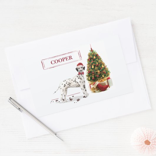 おもしろいクリスマスダルマチア犬と木 長方形シール (封筒)