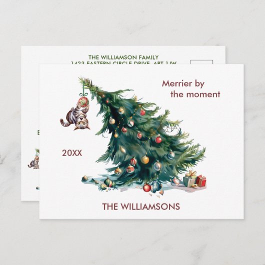 おもしろいクリスマスツリーの垂れ下がった猫写真 シーズンポストカード (正面/裏面)