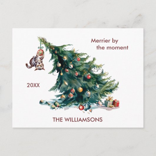 おもしろいクリスマスツリーの垂れ下がった猫写真 シーズンポストカード (正面)