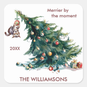 おもしろいクリスマスツリーの垂れ下がった猫写真 スクエアシール