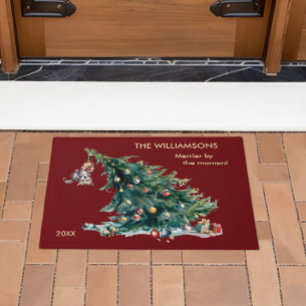 おもしろいクリスマスツリーの垂れ下がった猫写真 ドアマット