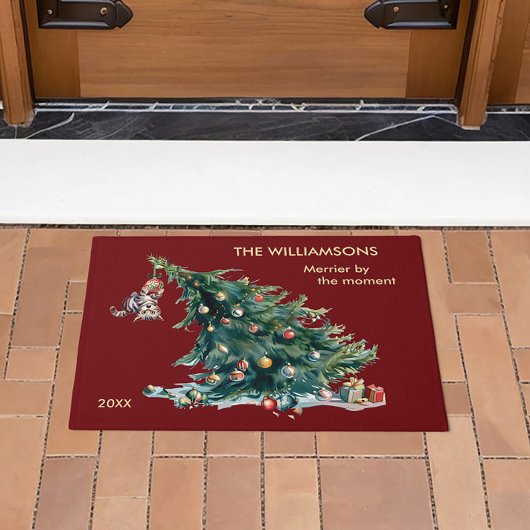 おもしろいクリスマスツリーの垂れ下がった猫写真 ドアマット