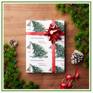 おもしろいクリスマスツリーの垂れ下がった猫写真 ラッピングペーパー