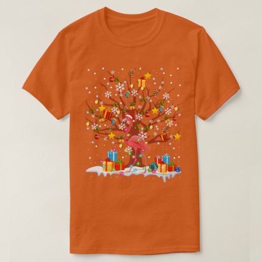 おもしろいクリスマスツリーサンタフラミンゴ恋人マッチング Tシャツ (デザイン正面)
