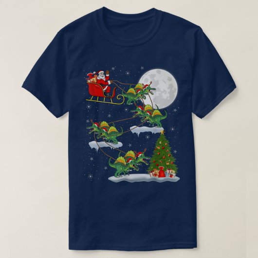 おもしろいクリスマスツリーサンタライディングスピノサウルス恐竜 Tシャツ (デザイン正面)