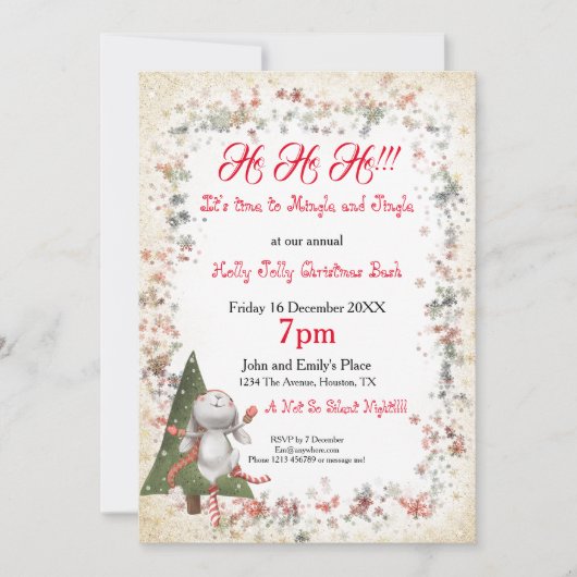 おもしろいクリスマスパーティーかわいいバニーツリースタースノーフレーク 招待状 (正面)