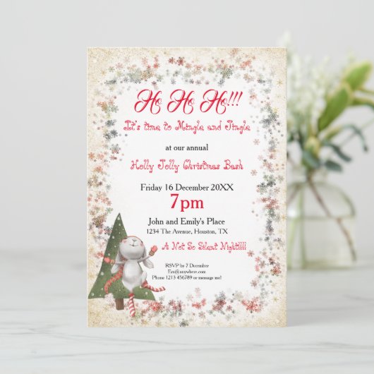 おもしろいクリスマスパーティーかわいいバニーツリースタースノーフレーク 招待状 (スタンド正面)