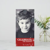 おもしろいクリスマスフォトカードレッド雪片ドット シーズンカード (スタンド正面)