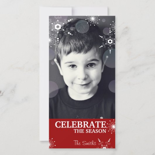 おもしろいクリスマスフォトカードレッド雪片ドット シーズンカード (正面)