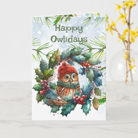 おもしろいクリスマスフクロウ動物の野生生物自然 カード (黄色い花)