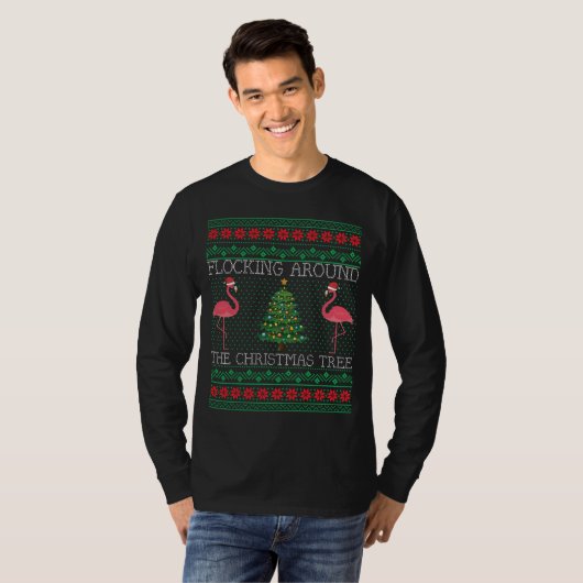 おもしろいクリスマスフラミンゴ醜いクリスマスセーター Tシャツ (正面フル)