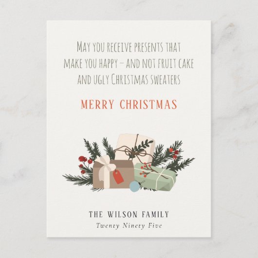 おもしろいクリスマスプレゼントをプレゼント シーズンポストカード (正面)