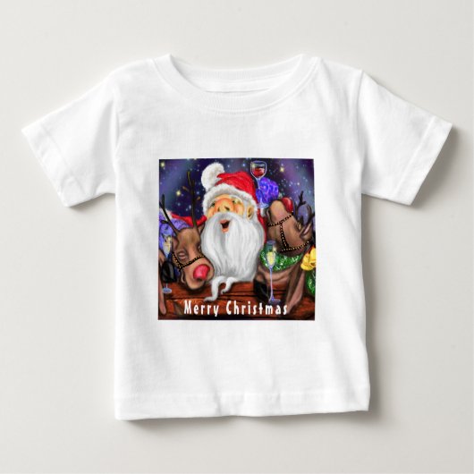 おもしろいクリスマスベビーTシャツサンタとトナカイ ベビーTシャツ (正面)