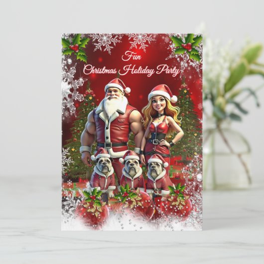 おもしろいクリスマスホリデーパーティレッドカップル3ドッグ 招待状 (スタンド正面)