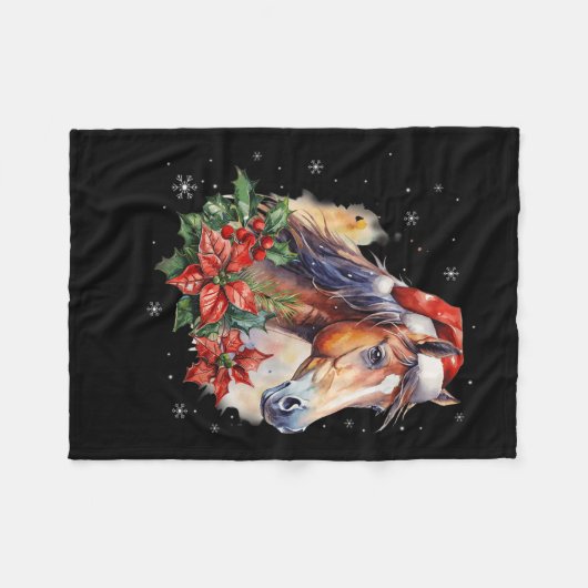 おもしろいクリスマスホースサンタハットアニマルエクエストリアン フリースブランケット (正面(横))