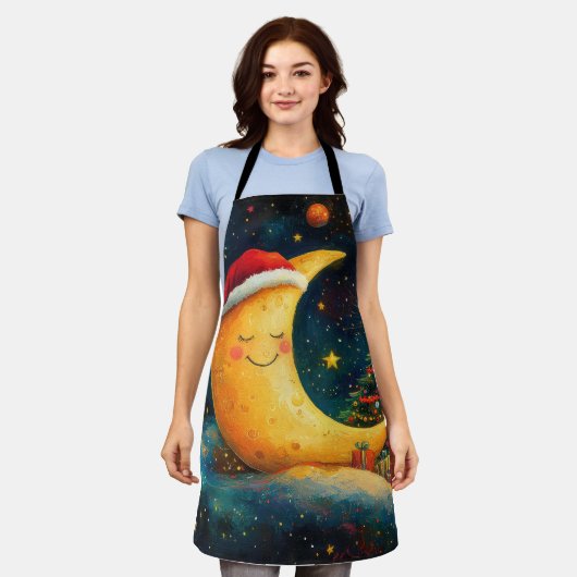おもしろいクリスマスムーン銀河系お祝い エプロン (着用した状態)