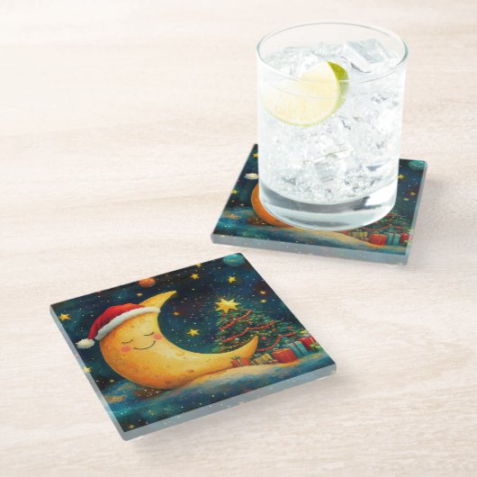 おもしろいクリスマスムーン銀河系お祝い ガラスコースター (アングル)