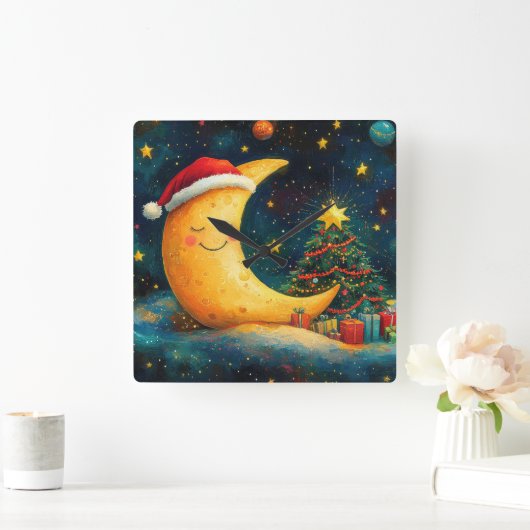 おもしろいクリスマスムーン銀河系お祝い スクエア壁時計 (ホーム)
