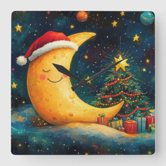 おもしろいクリスマスムーン銀河系お祝い スクエア壁時計 (正面)