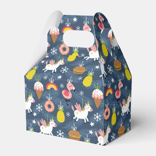 おもしろいクリスマスユニコーンとフラミンゴスパターン フェイバーボックス (正面サイド)