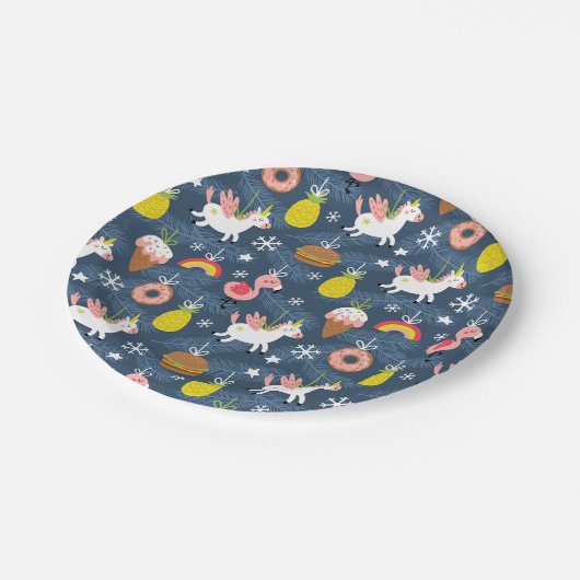 おもしろいクリスマスユニコーンとフラミンゴスパターン ペーパープレート (アングル)