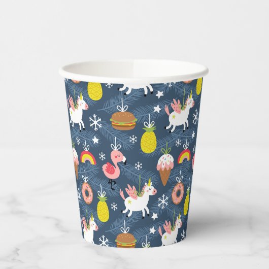 おもしろいクリスマスユニコーンとフラミンゴスパターン 紙コップ (左)