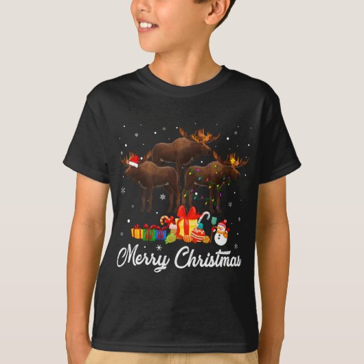 おもしろいクリスマスライトクリスマスパジャマムムムース動物L Tシャツ (正面)
