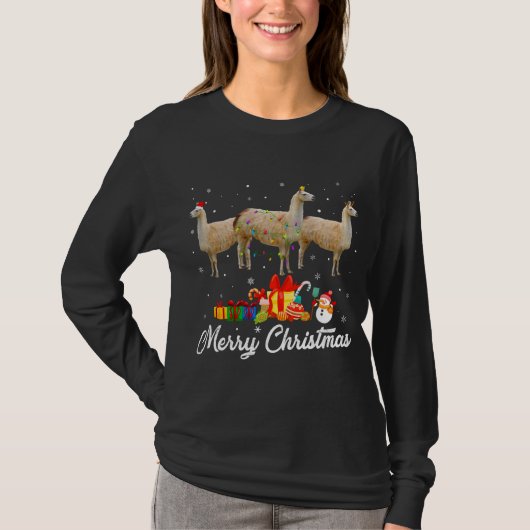 おもしろいクリスマスライトクリスマスパジャマラマ動物L Tシャツ (正面)