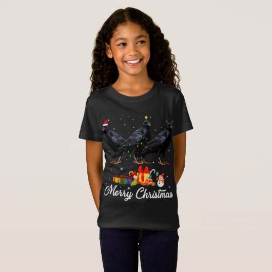 おもしろいクリスマスライトクリスマスパジャマレイヴン動物L Tシャツ (正面フル)